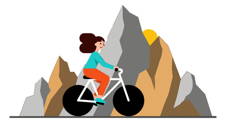 Woman Riding Bicycle On Mountain Road With Sun Setting Across Peaks Visualization