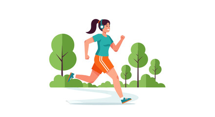 Woman Running And Listening To Music In A Park With Minimalistic, Flat Design Style