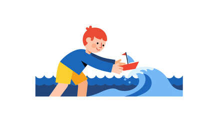 Youngster Sails Toy Boat Into Open Water And Has Fun On A Beautiful Sunny Day