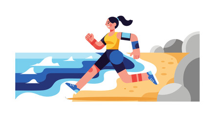 Woman Runs Along The Seashore Cartoon, Sporting Activities And Daily Routines