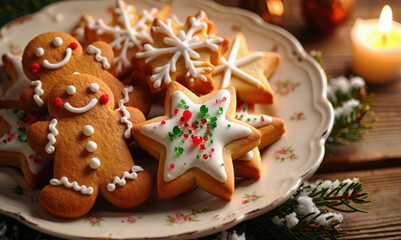Obraz premium Closeup Christmas cookies arranged artfully on a vintage plate. The biscuits are shaped like stars, snowflakes, and gingerbread men. Fir branches and flickering candle completes the warm holiday scene