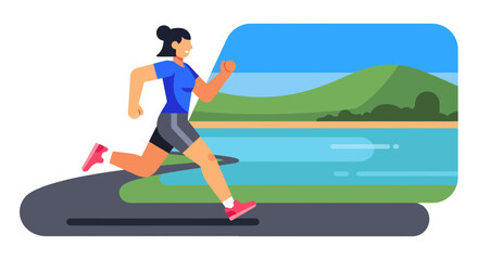 Woman Runs During Outdoors Exercise In Flat Illustration Beside Water And Green Mountain