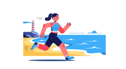 Woman Runs Along The Shoreline Near A Lighthouse During A Peaceful Sunset