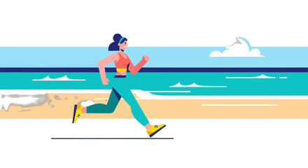 Woman Runs Energetically Along Shoreline, Exercise and Beachside Fitness Conceptualization