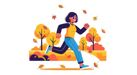 Woman Runs Through Autumnal Park With Trees and Falling Leaves Vector Illustration