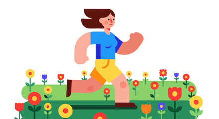 Woman Runs Through A Blooming Field Of Flowers With A Black Background