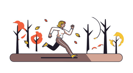 Woman Runs Through Autumn Leaves in a Vivid Forest Illustration Design