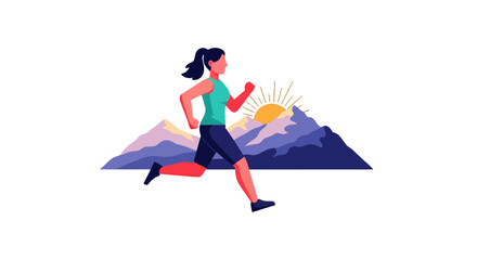 Woman Runs Towards The Sunrise Past Mountains Creating A Symbol Of Freedom And Wellness