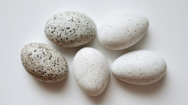 Smooth and speckled eggs are neatly arranged in a casual layout on a plain white surface, showcasing their unique textures and colors during natural light.