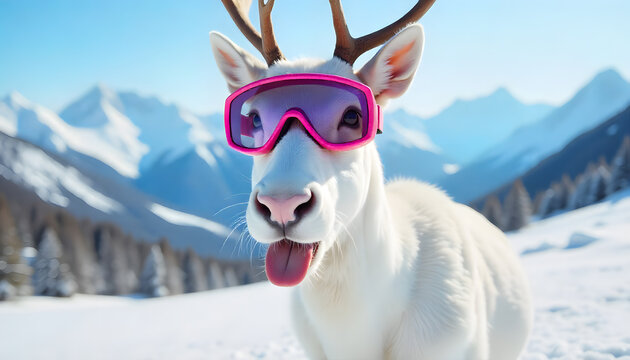 Portrait of a white reindeer wearing pink snowboard goggles in a snowy ski resort with mountains in the background. The reindeer sticks out its tongue, creating a playful and humorous vibe. photo, 1