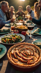 Fototapeta premium Thanksgiving family dinner. Traditional apple pie and vegan meal close up, with blurred happy people around the table celebrating the holiday. 