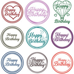 Happy Birthday Badge Collection, colorful round label set with typography and decorative elements, vector illustration for greeting cards invitations and celebration designs