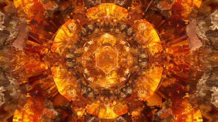 Abstract symmetrical kaleidoscope pattern in glowing amber and gold tones. Intricate crystalline texture background. Modern psychedelic art wallpaper
