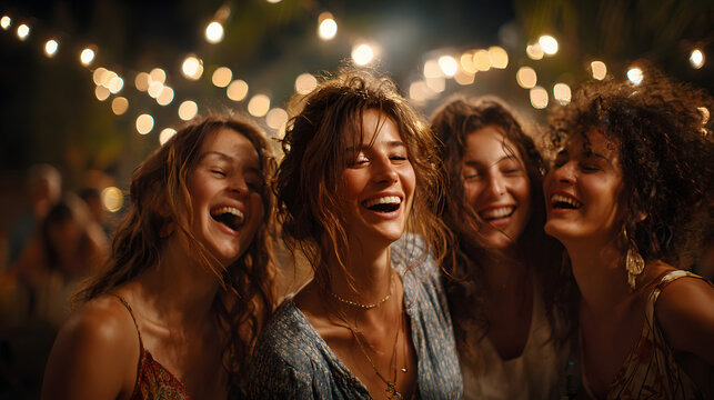 Group of friends dancing under fairy lights celebrating together joyfully 