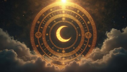 Mystical golden circle with arcane symbols and crescent moon floats in starry night sky above clouds. Celestial map, astrology, magic, occultism, zodiac wheel, cosmic background.