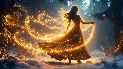 A silhouetted woman in a glowing, golden dress stands in a snowy forest, manipulating light trails and magic dust. Symbolizes winter queen, fantasy, magic, holiday spirit, and beauty. - Powered by Adobe