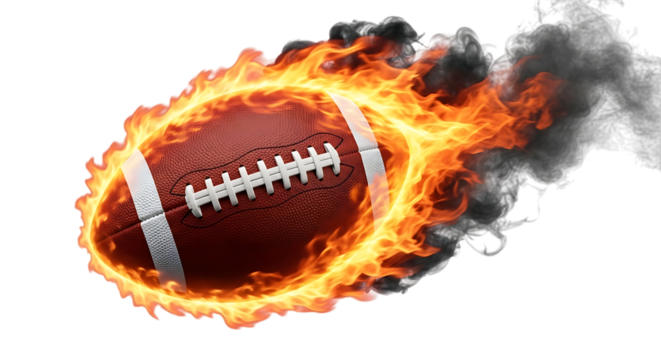 American Football in Flames and Smoke on Black Background sport game isolated on a transparent background