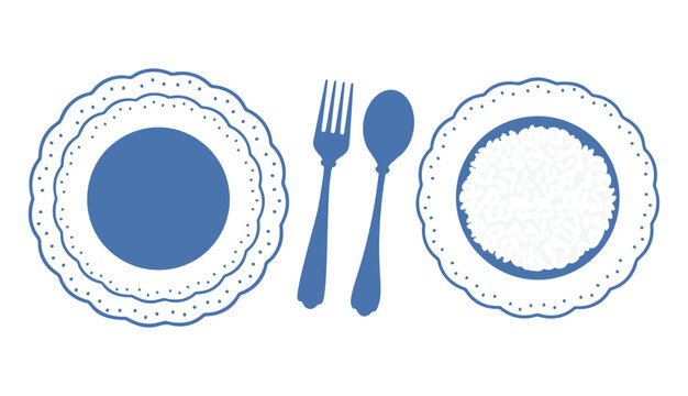 blue dinner plates with fork and spoon vector, lace edge tableware set with plain plate and rice serving, minimal kitchen illustration for menu, restaurant, and packaging design