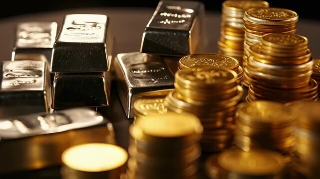 Close-up of a large stack of gold and silver bars (ingots) next to piles of shining coins, symbolizing wealth, investment, banking, precious metals, and financial security.