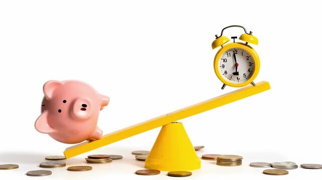 A piggy bank and a yellow alarm clock balance on a seesaw, with coins scattered underneath. Symbolizes the concept of time versus money, financial planning, investment, and prioritizing resources.
