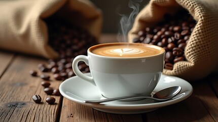 Obraz premium A cup of coffee with coffee beans on a wooden table background