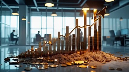 A 3D golden bar chart with an upward trend arrow emerges from a pile of coins in a modern office, symbolizing financial growth, investment success, business analytics, and market leadership. - Powered by Adobe