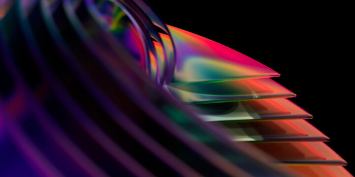 Elegant abstract 3D render glass shapes with multicolor reflections on a dark background with depth of field