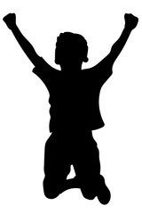 Boy jumping and celebrating euphorically after scoring a decisive goal, graphic sports silhouette