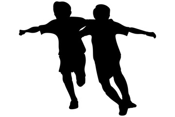 Silhouette of two young soccer players running arm in arm in team celebration, icon of joy and friendship