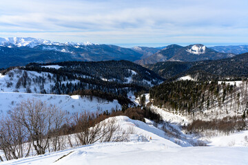 A picturesque snowy landscape featuring majestic mountains in the background