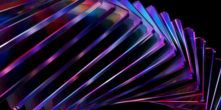 Modern abstract 3D render of shiny colorful metallic cuboid shapes on a black background