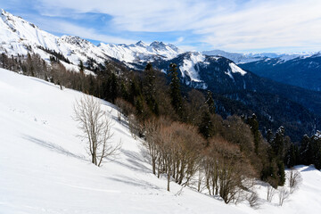 Winter landscape with clean air and beautiful views of the mountain peaks and valley.