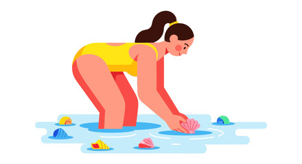 Fototapeta premium Woman Collecting Shells At The Beach In A Sunny Summer Holiday Moment