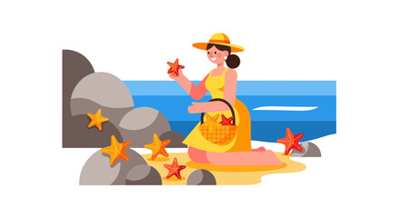 Woman Collecting Starfish On The Beach Near The Sea On A Sunny Day Illustration