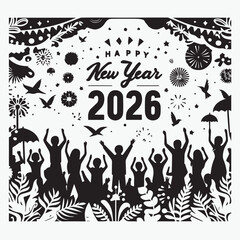 Happy New Year 2026 Celebration in Paper-Cut Style with People Cheering and Festive Decorations