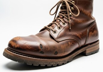 Closeup of a vintage distressed brown leather work boot with laces, isolated on white background