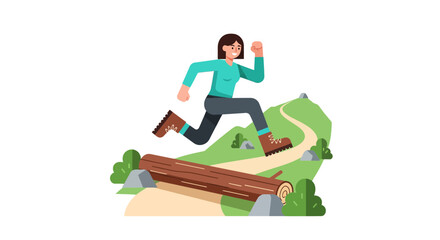 Woman Hiker Jumps Over A Log On A Trail: Adventure, Outdoors, And Challenge