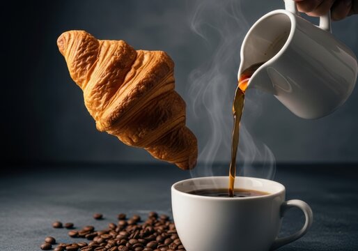 A golden croissant levitates above a white cup as hot coffee is poured into it, with coffee beans scattered nearby