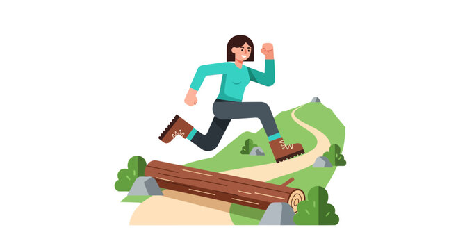 Woman Hiker Jumps Over A Log On A Trail: Adventure, Outdoors, And Challenge