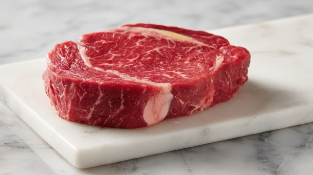 A ribeye steak is displayed on a white marble cutting board. The vibrant red meat shows marbling and is prepared for cooking. This cut is known for its rich flavor.