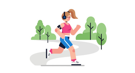 Fototapeta premium Woman Jogging Outdoors Through a Park While Listening to Music on Headphones Vector Illustration