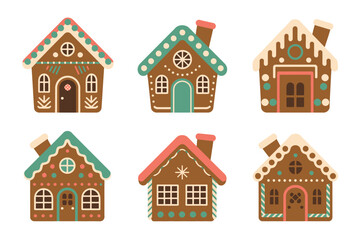 Naklejka premium A collection of whimsical, decorated gingerbread houses arranged in two rows, evoking a festive holiday spirit.