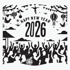 Happy New Year 2026 Celebration in Paper-Cut Style with People Cheering and Festive Decorations