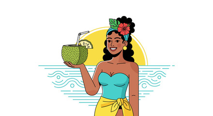 Woman Enjoying Delicious Coconut Drink on a Beach with a Beautiful Seaside Background