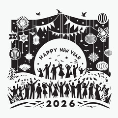 Happy New Year 2026 Celebration in Paper-Cut Style with People Cheering and Festive Decorations