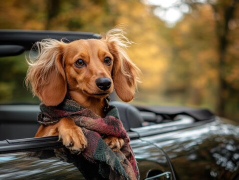 A brown dog with a patterned scarf sits in a black convertible car. AI.