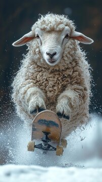 A woolly sheep is riding a skateboard and splashing through water. AI.