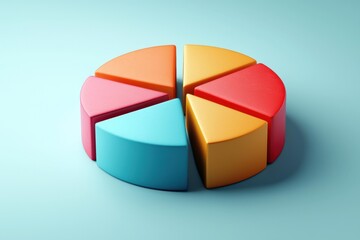 Obraz premium A pie chart with six colored pieces sits on a light blue surface. The sections are separate. AI.