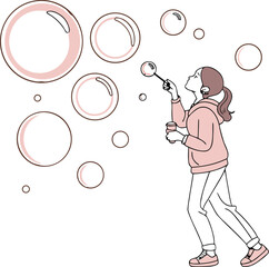 Joyful young girl creating magical floating bubbles with a wand and cheerful expression outdoors