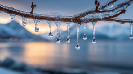 Icicles dangle from a bare branch over a tranquil lake, reflecting warm colors of the sunset. The snowy surroundings create a peaceful winter scene.